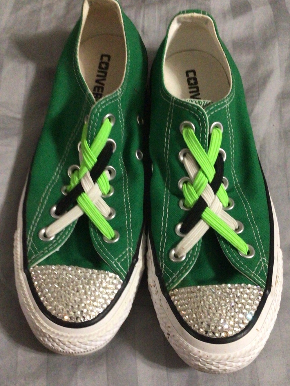 Converse Green Canvas Low-Top Sneaker with Neon Multi Laces and Rhinestone Toe